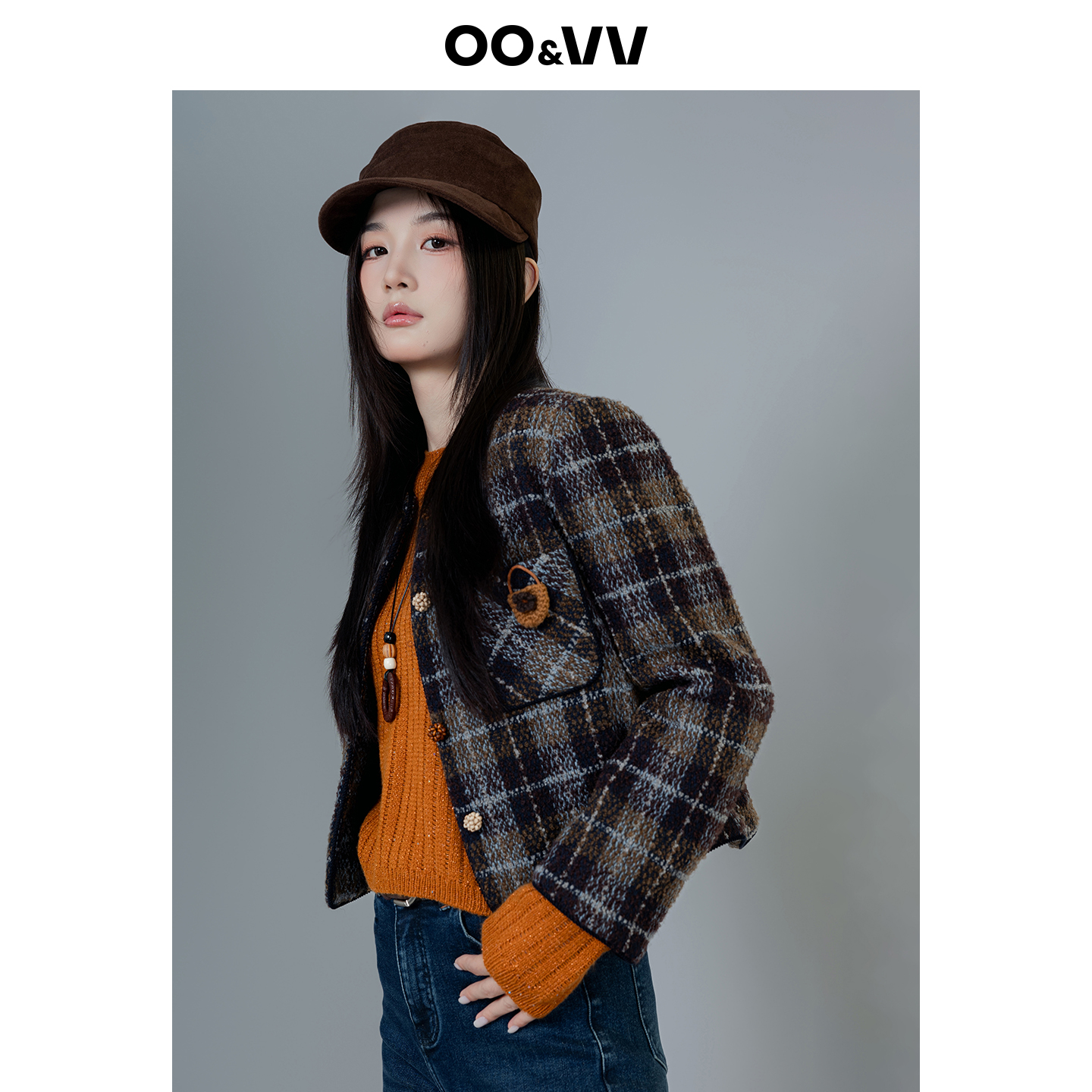 oo&vv2025秋冬新款格纹粗花呢羊毛外套女小个子复古气质名媛上衣