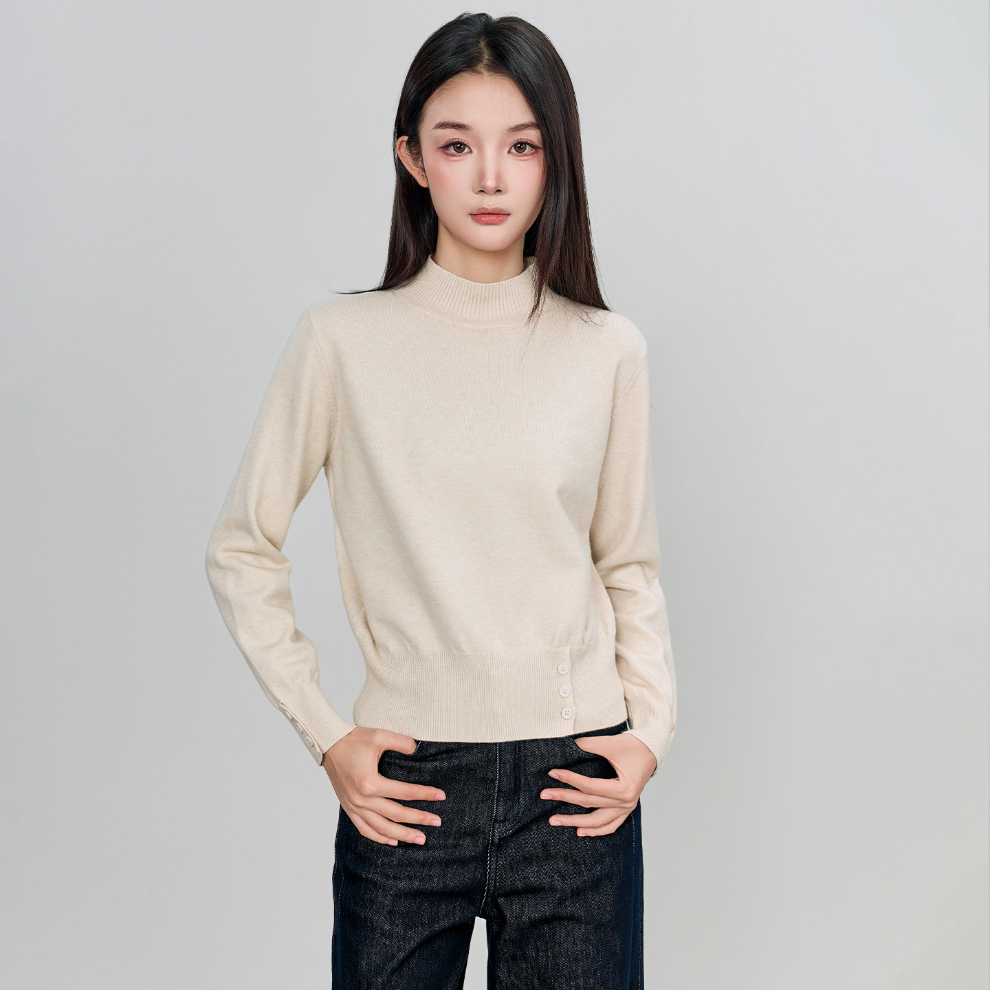 oo&vv简约风半高领装饰扣针织衫女2026冬基础款打底毛衣纯色上衣