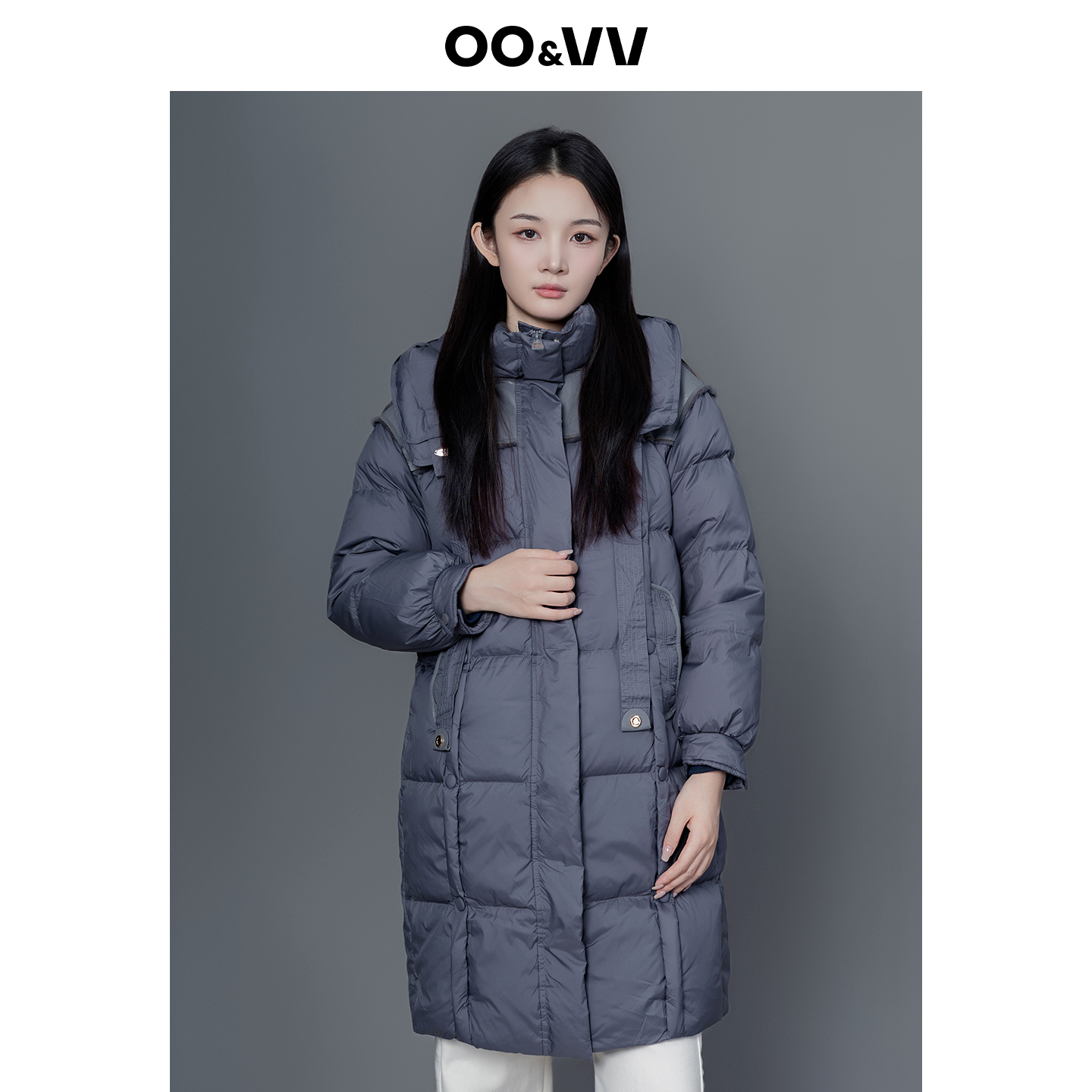 oo&vv纯色连帽长款过膝保暖羽绒服女25冬季新款韩版百搭休闲外套