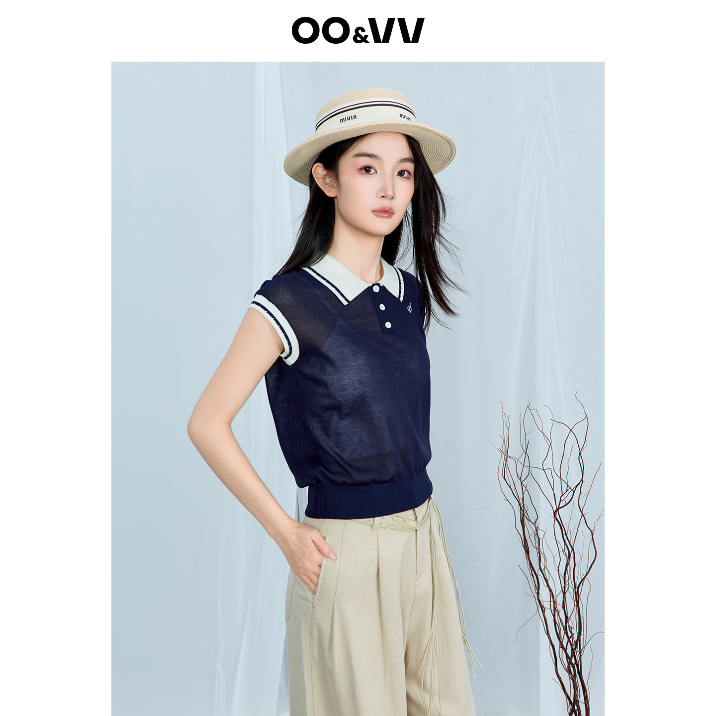 oo&vv学院风polo领撞色针织衫女2026夏短袖小个子透视休闲衬衫新