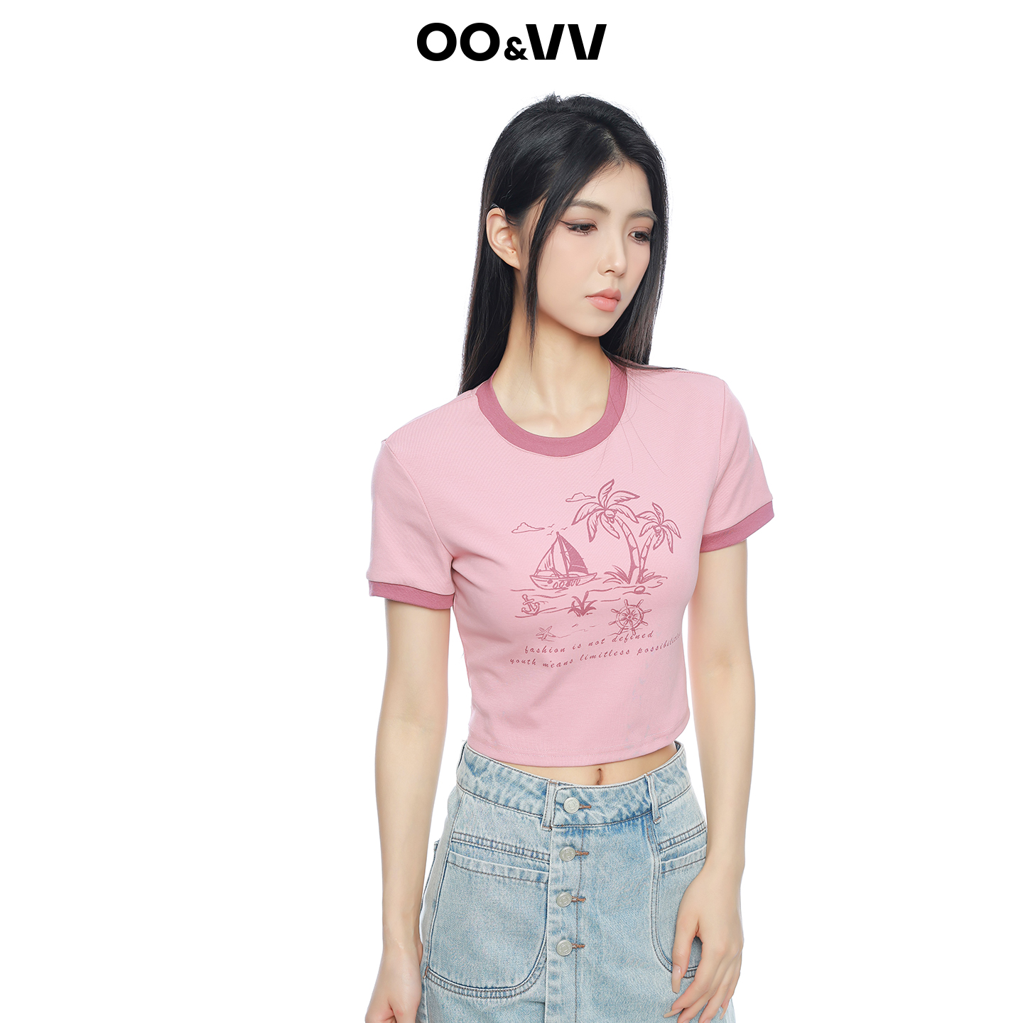 oo&vv粉色海景印花夏季新款短袖T恤女2025圆领撞色休闲衬衫上衣