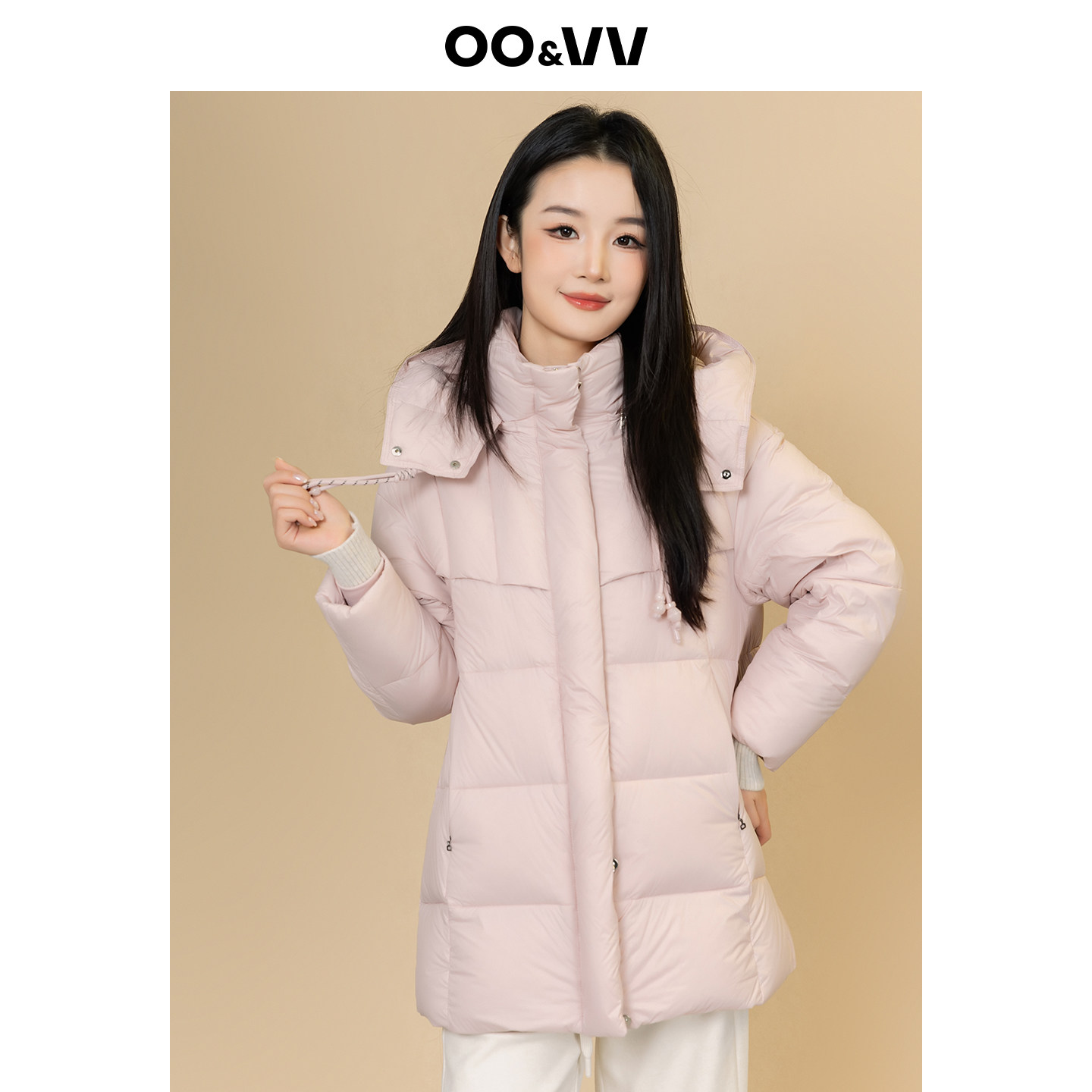 oo&vv保暖舒适连帽立领中长款甜美粉色羽绒服女25冬鸭绒上衣外套