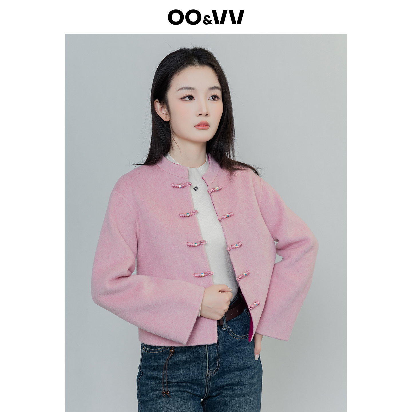oo&vv新中式盘扣双面呢短款外套女25冬圆领保暖100%绵羊毛呢大衣