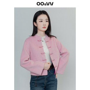 oo&vv新中式盘扣双面呢短款外套女25冬圆领保暖100%绵羊毛呢大衣