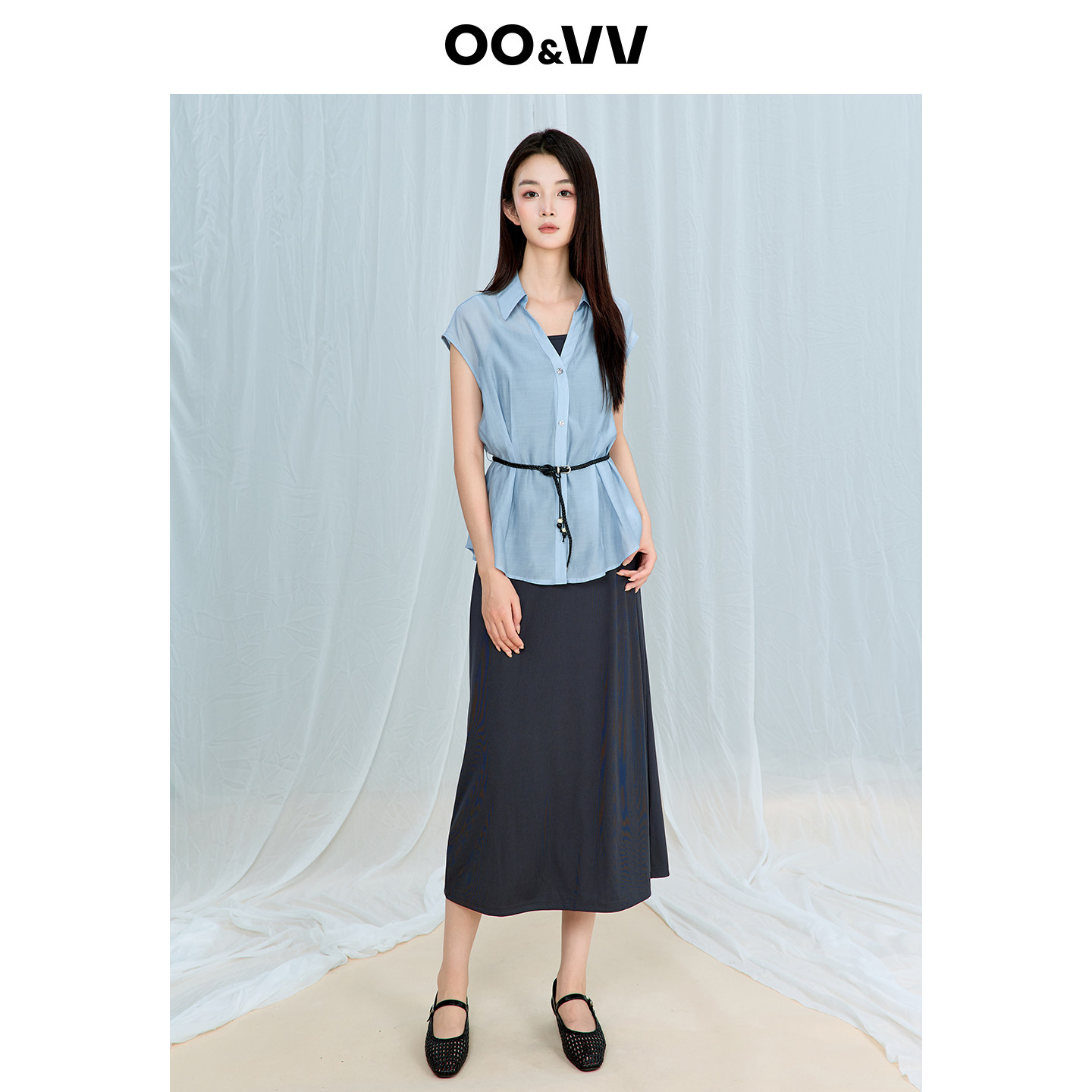 oo&vv轻熟优雅风V领短袖上衣+A字吊带长裙两件套女2026夏收腰显瘦