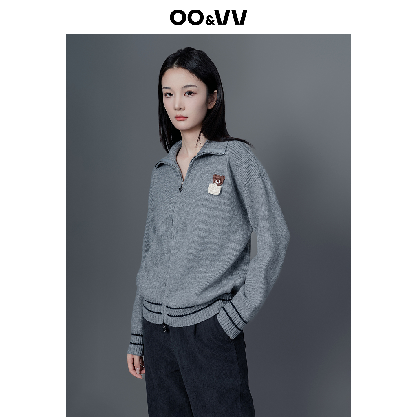 oo&vv翻领拉链针织开衫女2025秋冬新款宽松显瘦毛衣外套上衣外搭