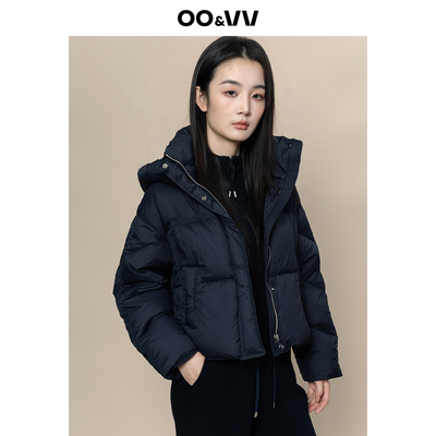 oo&vv藏青色连帽短款羽绒服女2026加厚保暖90鸭绒面包服上衣外套