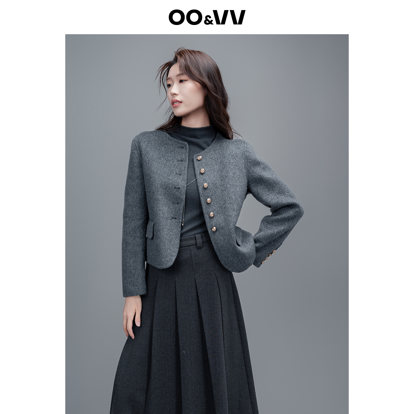 oo&vv小香风毛呢外套女长款双面呢大衣加厚打底衫加绒保暖长裤冬