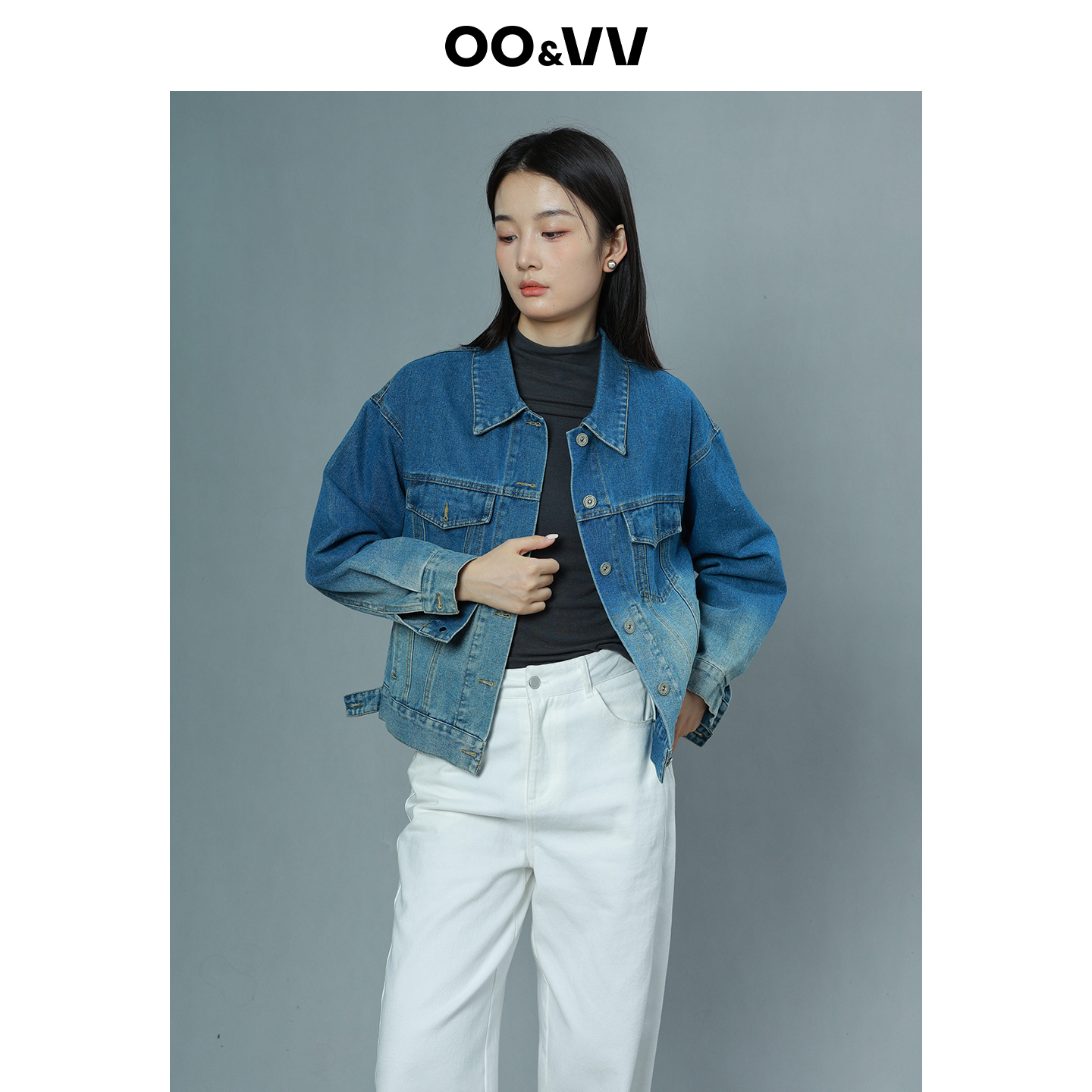 oo&vv时尚复古潮流宽松休闲渐变短款夹克牛仔外套女25秋棉质上衣