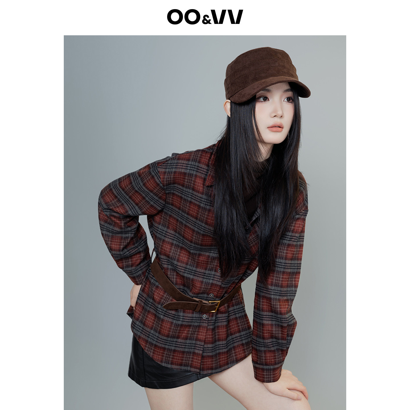oo&vv复古格子休闲衬衫+内搭T恤女新25秋冬宽松长袖两件套配腰带,女装/女士精品,时尚套装,淘宝优惠券,粉丝福利购,淘宝优惠卷