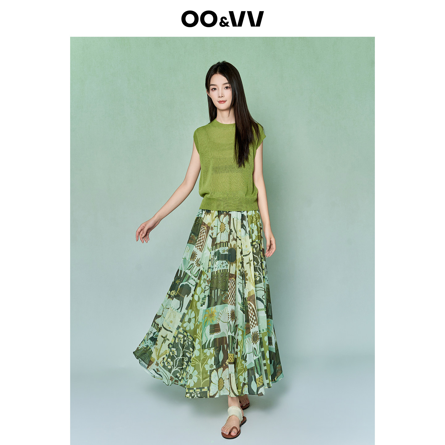 oo&vv潮流时尚花卉浪漫风半身裙+透视短袖针织衫两件套装女2026夏