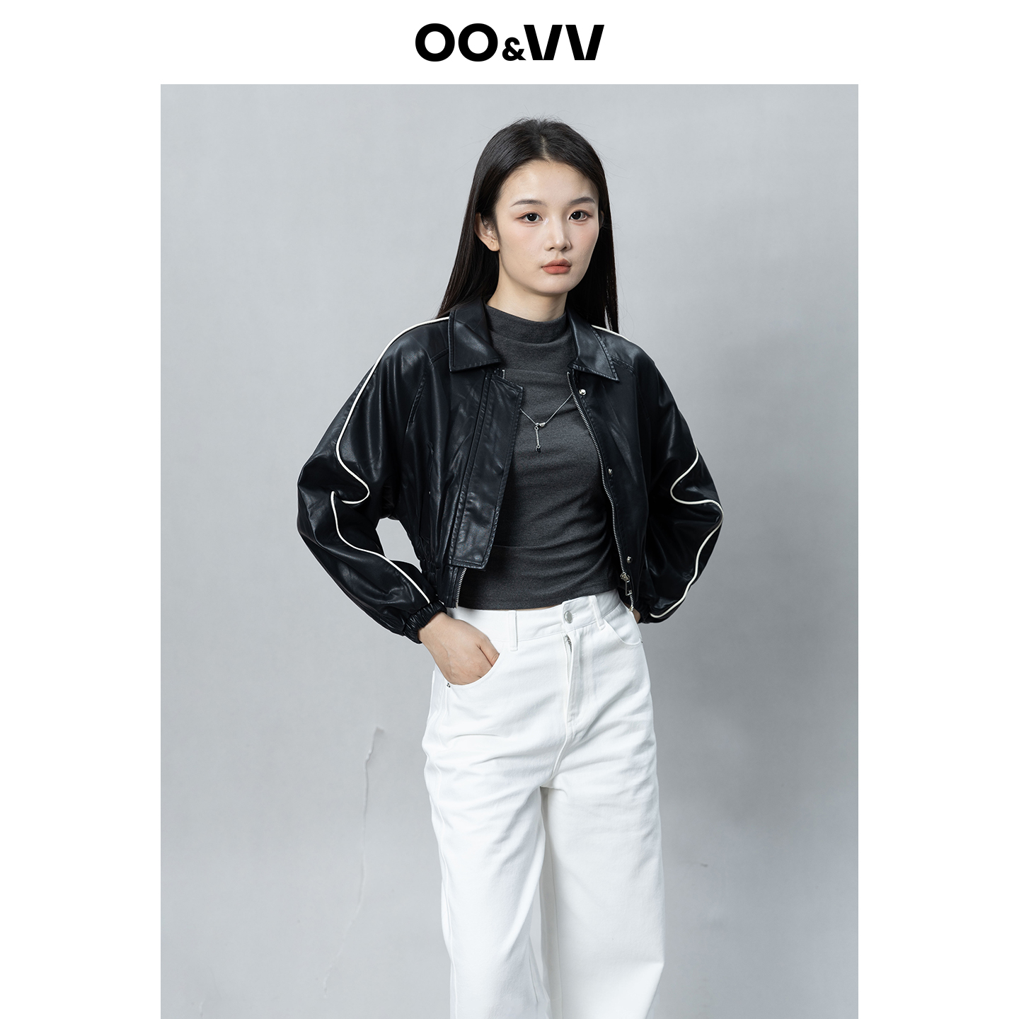 oo&vv短款黑咖pu皮衣外套女2025秋新款美式复古棒球服机车版夹克