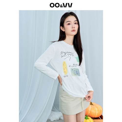 oo&vv时尚印花圆领长袖T恤女2026夏白色简约休闲宽松型防晒衬衫新