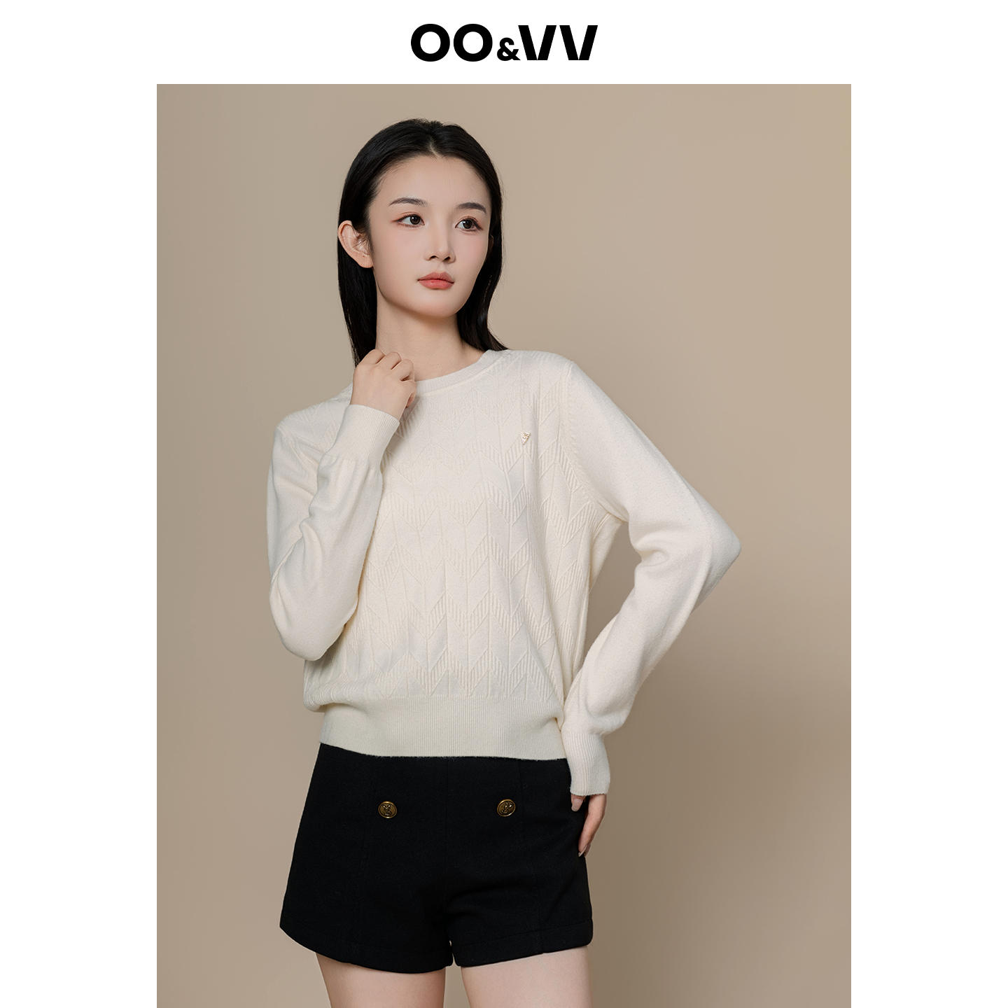 oo&vv几何图形刺绣圆领套头毛衣女2025秋冬新款宽松休闲针织上衣