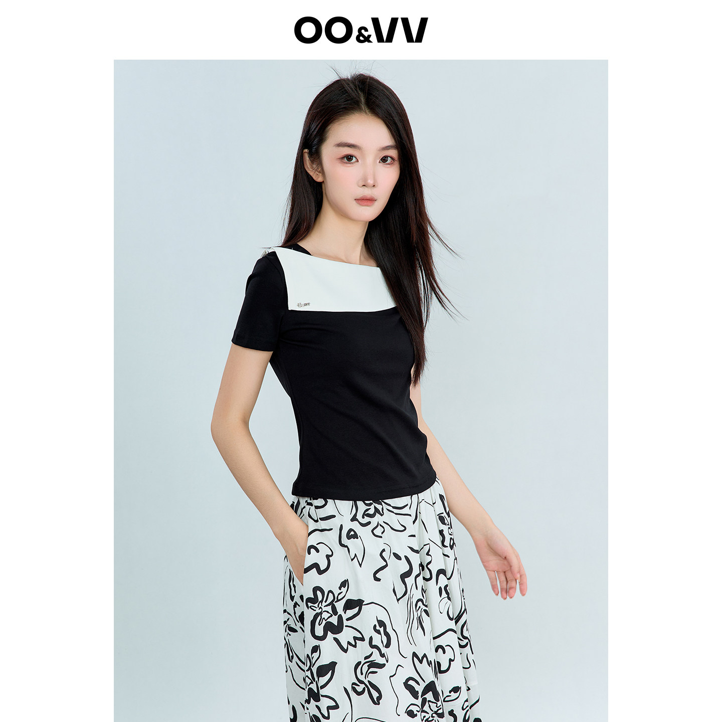 oo&vv撞色一字肩短袖T恤女2026夏黑白拼色修身显瘦气质小个子上衣