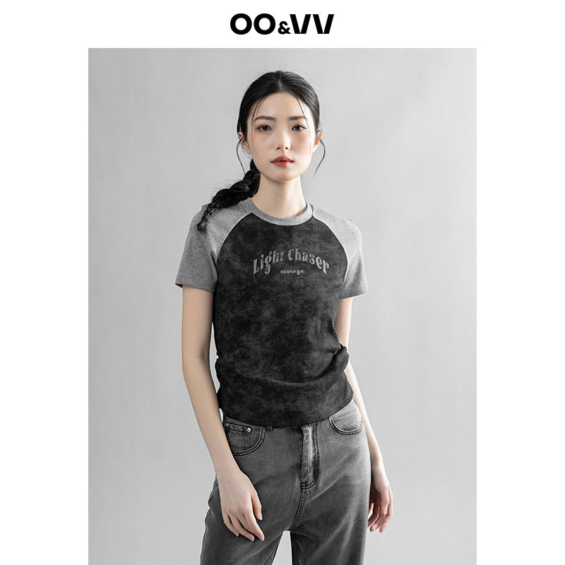 oo&vv撞色插肩袖t恤扎染短袖女2025夏新款甜辣妹显瘦短款修身上衣