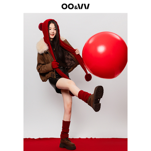 oo&vv大毛领派克服女短款保暖羽绒服外套25冬复古风仿麂皮袄子新