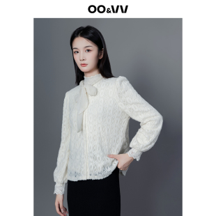 oo&vv高级感气质蝴蝶结系带衬衫 蕾丝上衣 女25秋冬镂空设计感长袖