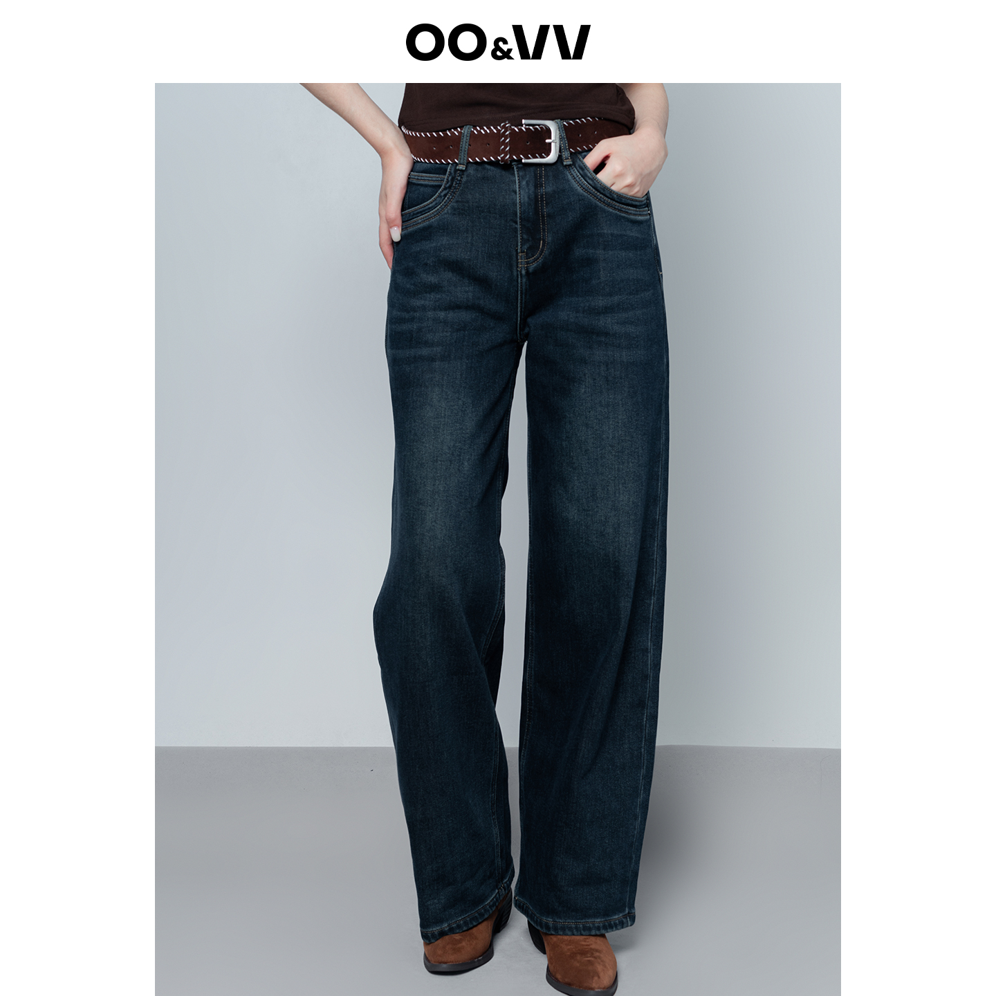 oo&vv美式复古加绒保暖显瘦牛仔裤女2025冬修身百搭休闲窄版长裤