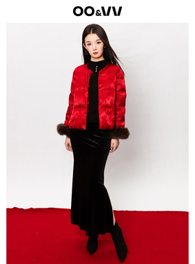 oo&vv红色喜庆新中式狐狸毛袖口羽绒服女25冬古典优雅保暖外套新