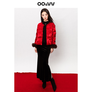 oo&vv红色喜庆新中式狐狸毛袖口羽绒服女25冬古典优雅保暖外套新