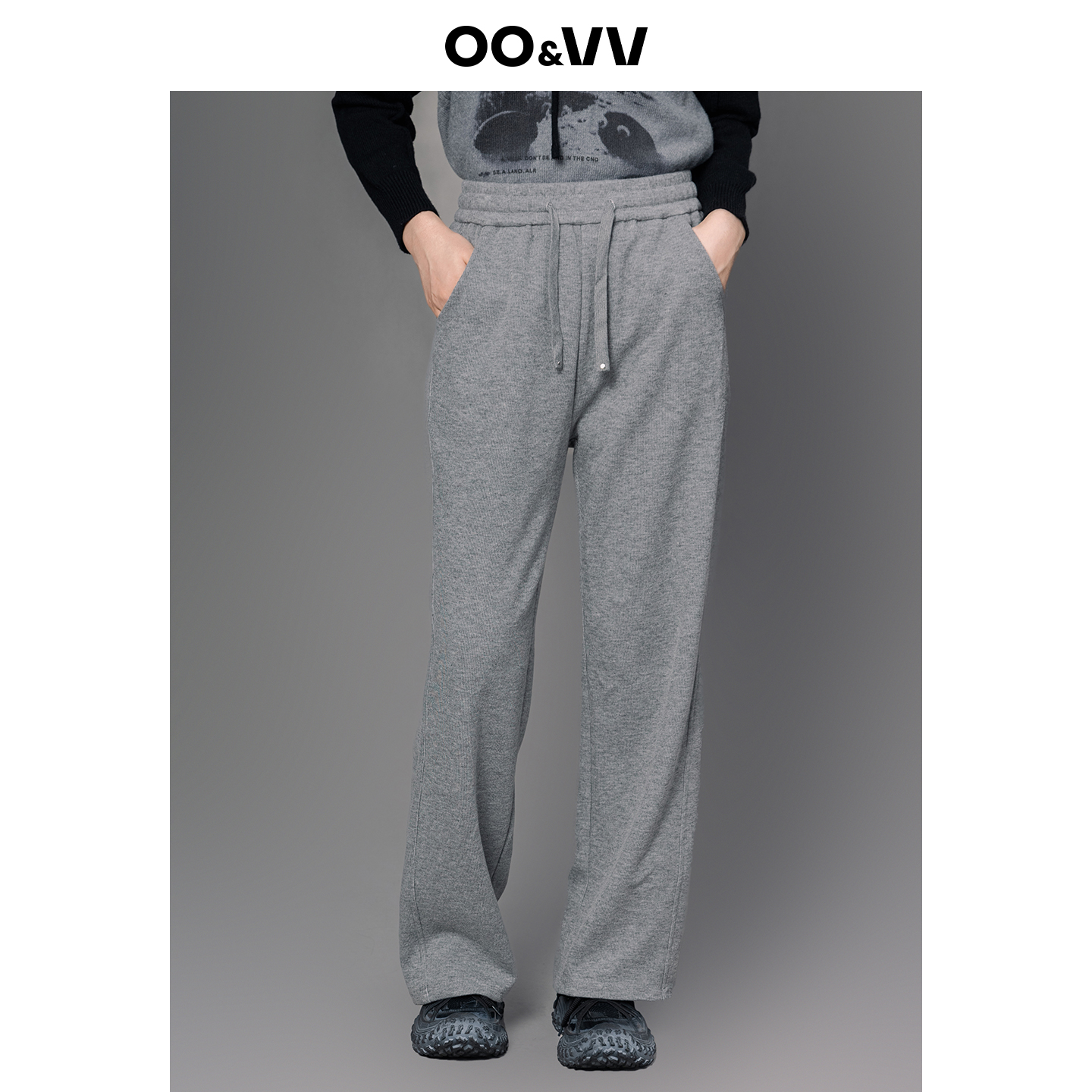 oo&vv灰色系带卫裤女2025秋冬新款宽松阔腿时尚高腰弹性休闲裤子