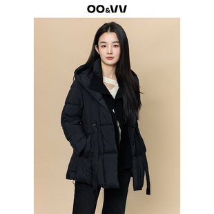oo&vv甜美风连帽中长款黑色羽绒服女冬季保暖系带收腰拼接外套新