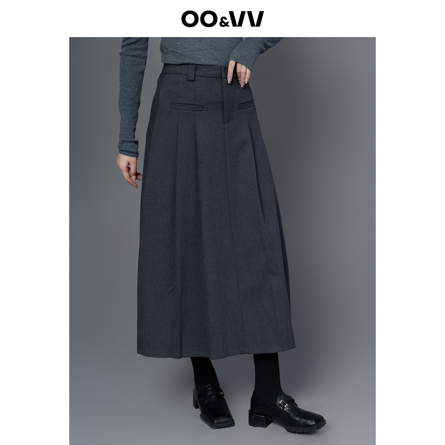 oo&vv灰色毛呢百褶半身裙女高腰加厚百搭2025秋冬通勤休闲A字裙子