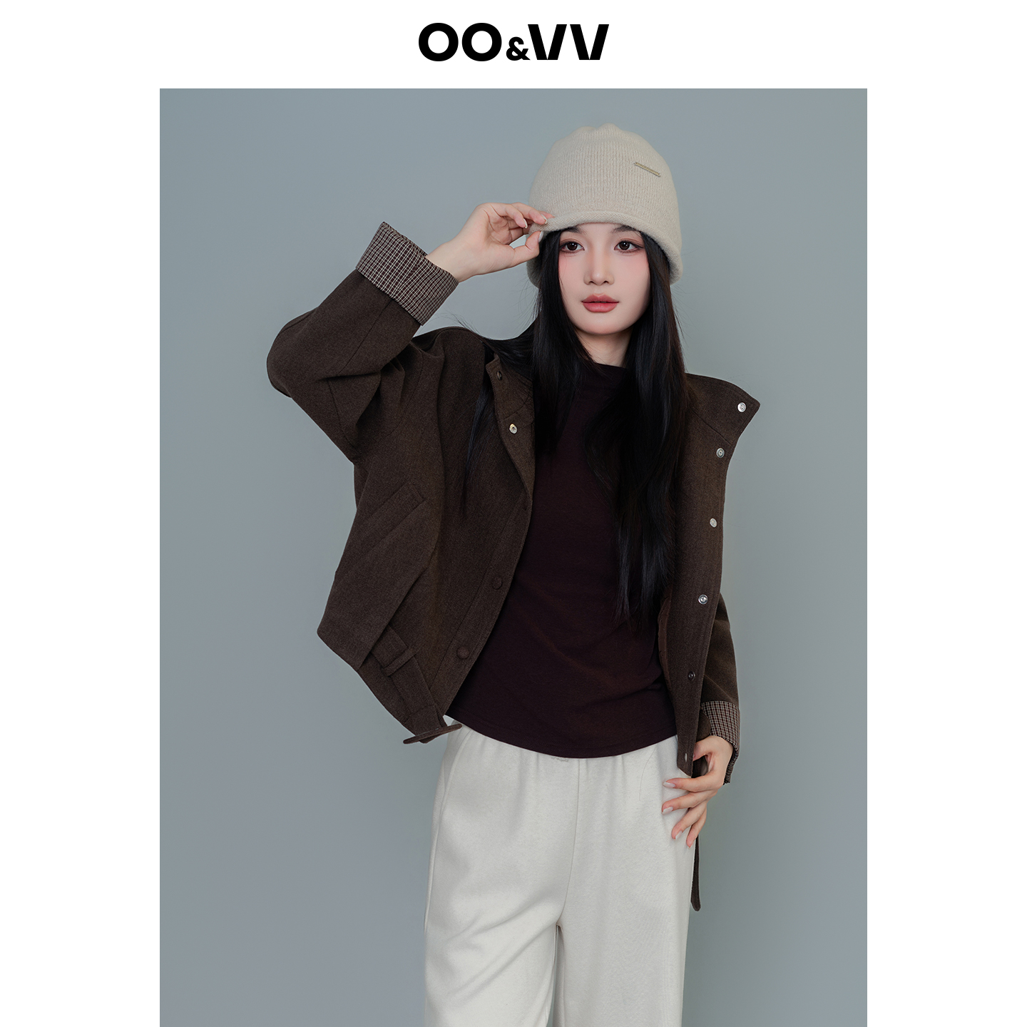 oo&vv羊毛呢休闲短款外套女2025秋冬咖色微绒感复古长袖撞色上衣