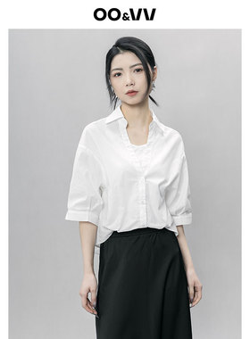 oo&vv白色纯棉5分袖衬衫女2025夏季新款深V排扣OL风日常简约上衣
