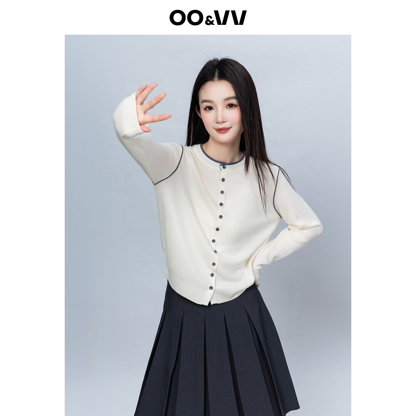 oo&vv撞色圆领小纽扣针织开衫女2026春白色毛衣外套设计感上衣新