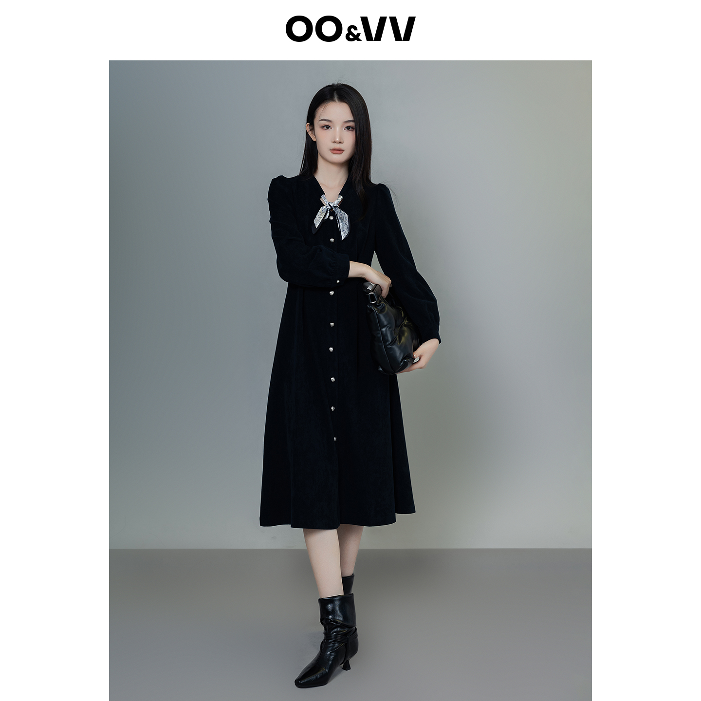 oo&vv气质优雅绒面衬衫连衣裙女2025秋冬收腰领巾长袖显瘦收腰裙