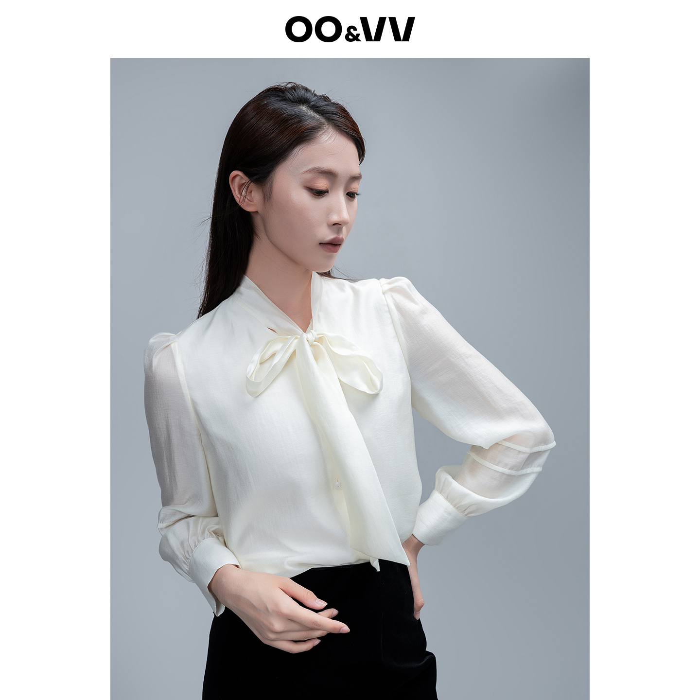 oo&vv白色大飘带蝴蝶结衬衫女2025秋冬新款流行漂亮天丝法式上衣