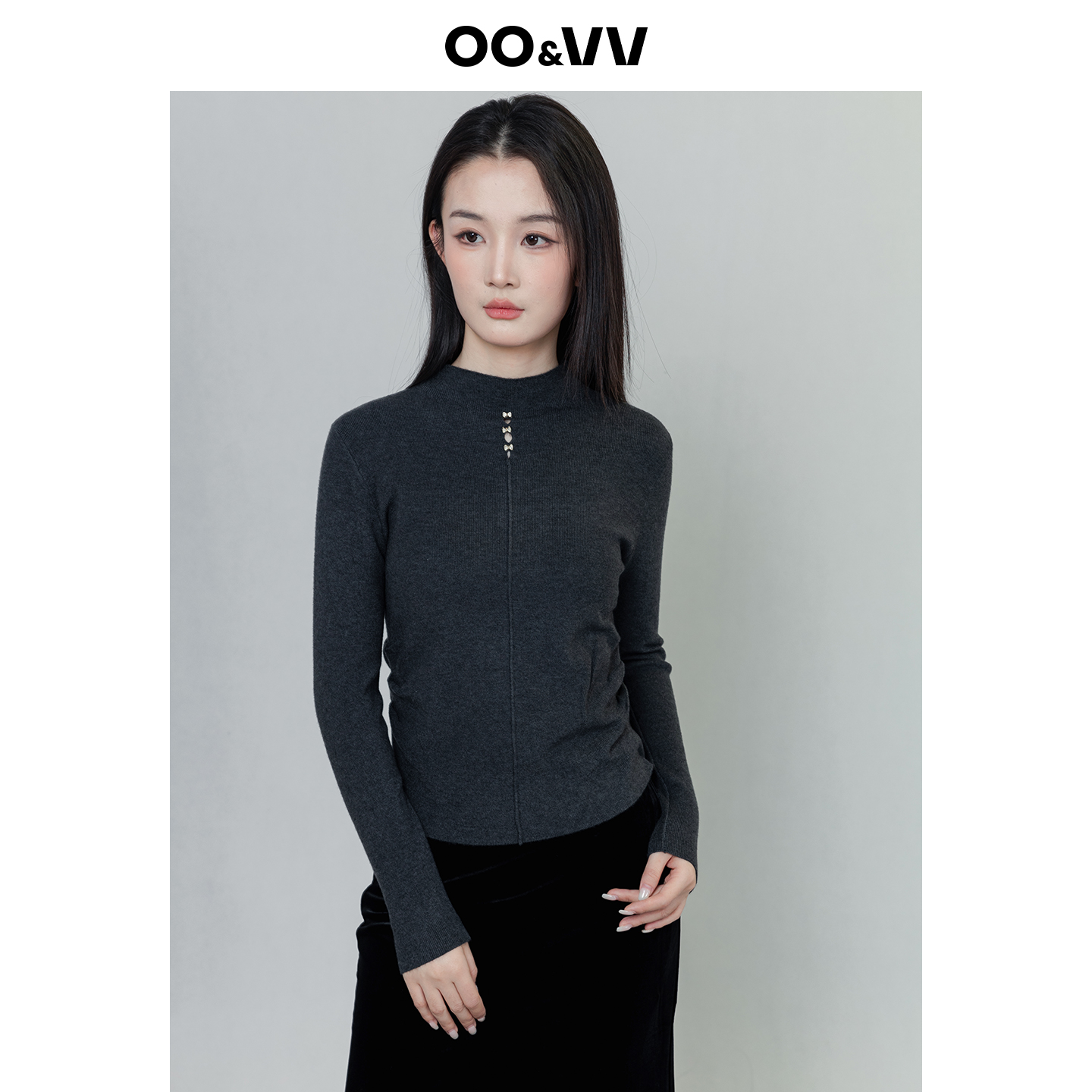 oo&vv极简风半高领镂空镶钻针织衫女25秋冬百搭修身显瘦毛衣上衣