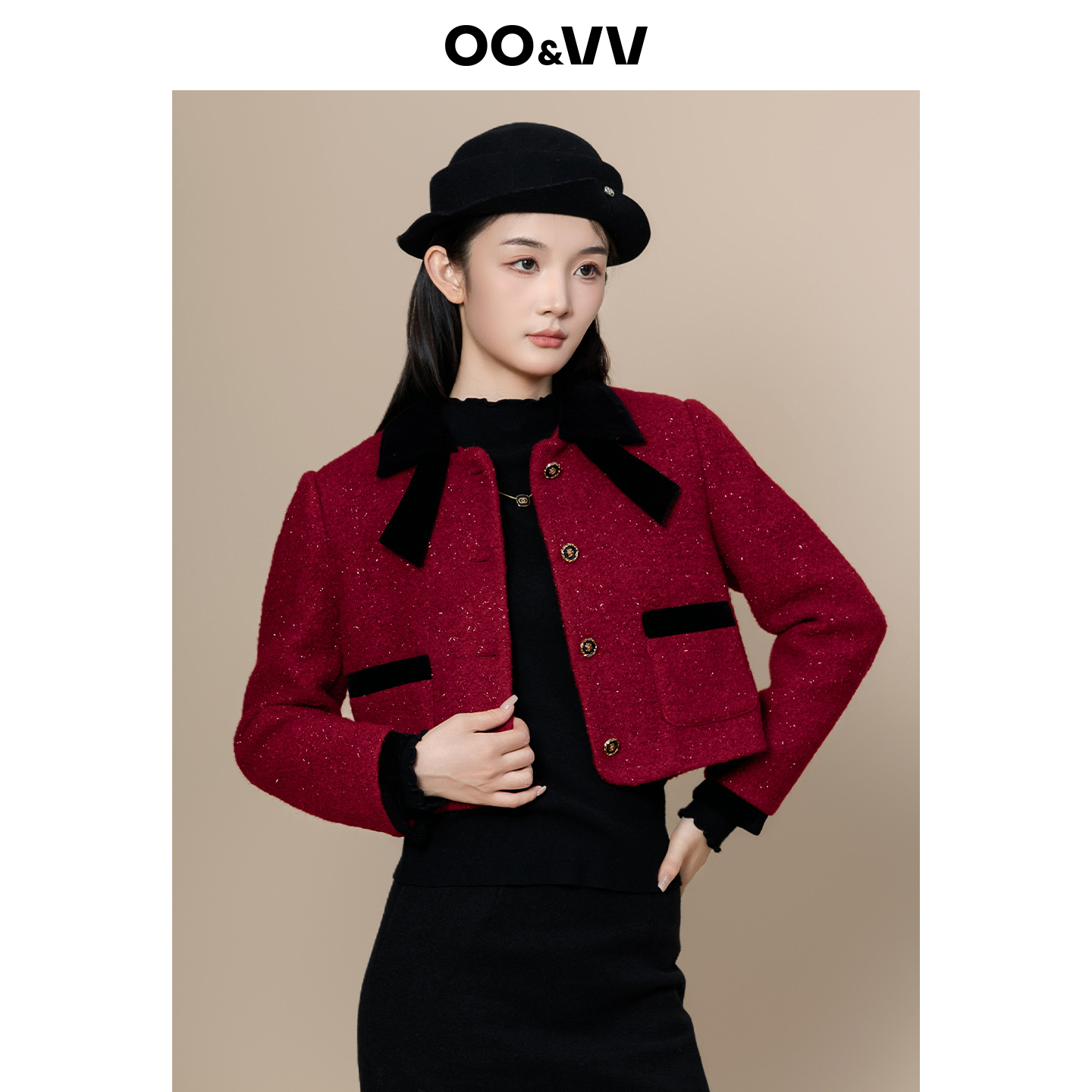 oo&vv复古撞色小香风短款开衫外套女25秋冬气质亮片羊毛呢上衣新