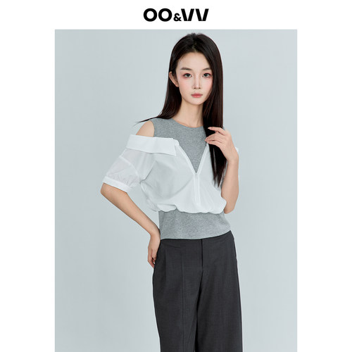 oo&vv立体时尚白色假两件短袖衬衫女2026夏拼接设计宽松百搭上衣