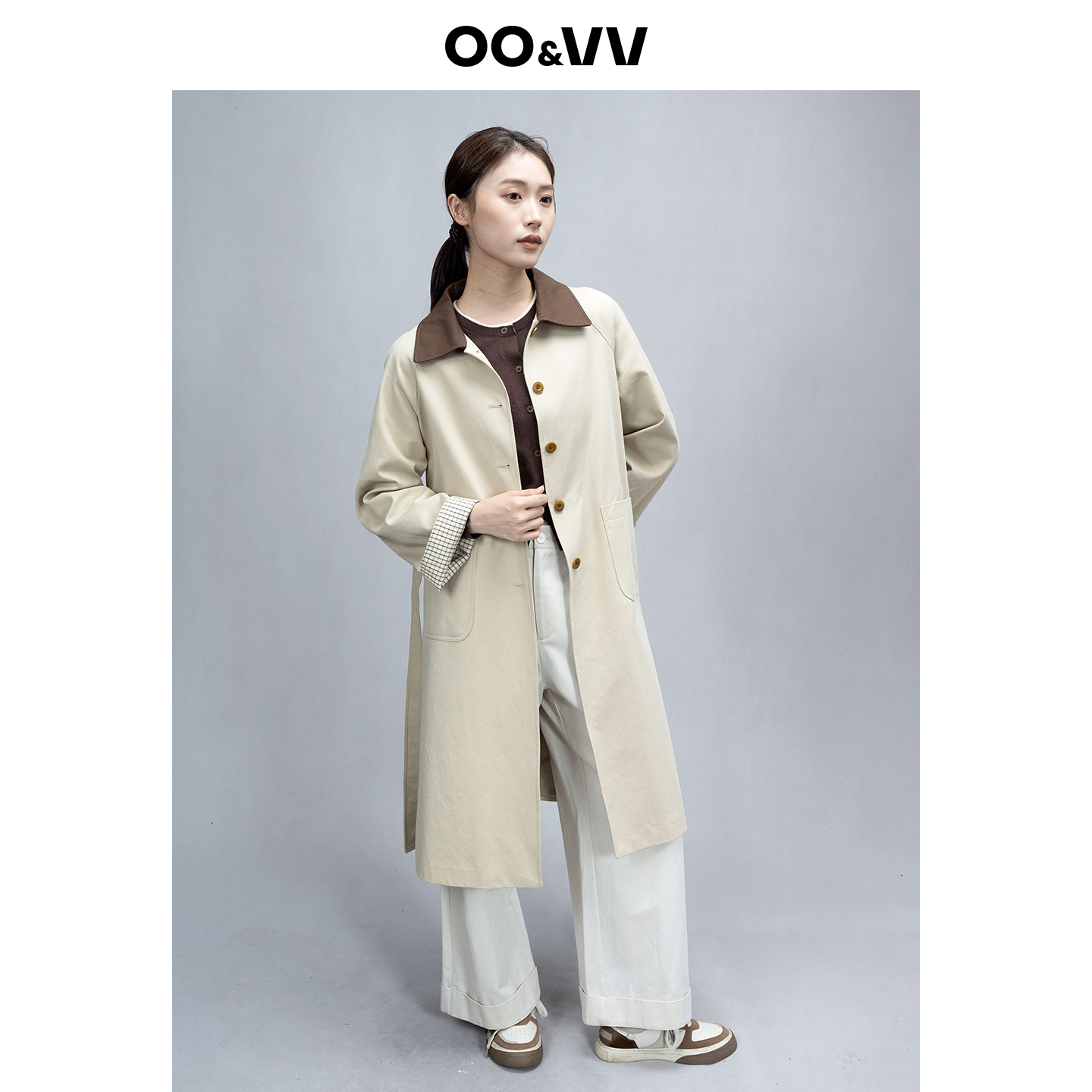 oo&vv风衣外套女中长款25秋宽松韩版卡其拼接系撞色领大口袋外衣