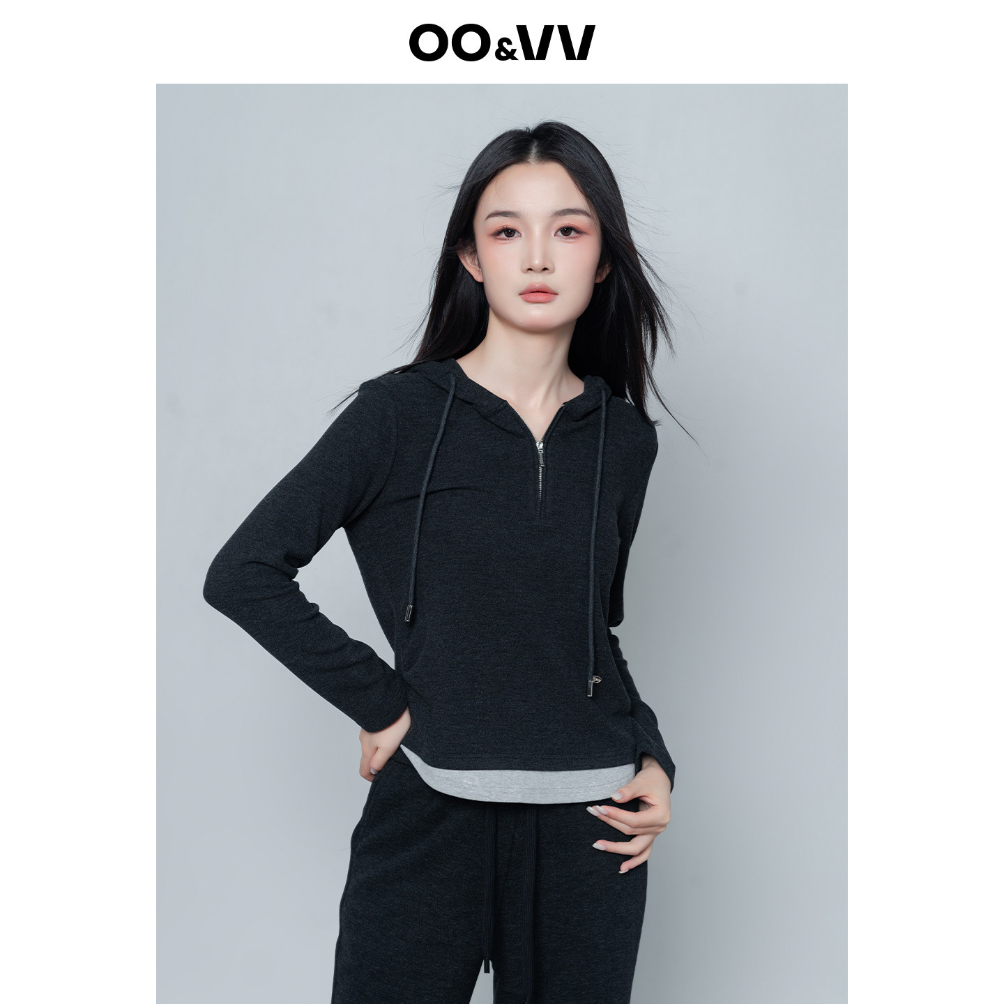 oo&vv休闲运动风假两件连帽卫衣女25秋冬新款拉链撞色柔软短外套,女装/女士精品,短外套,淘宝优惠券,粉丝福利购,淘宝优惠卷