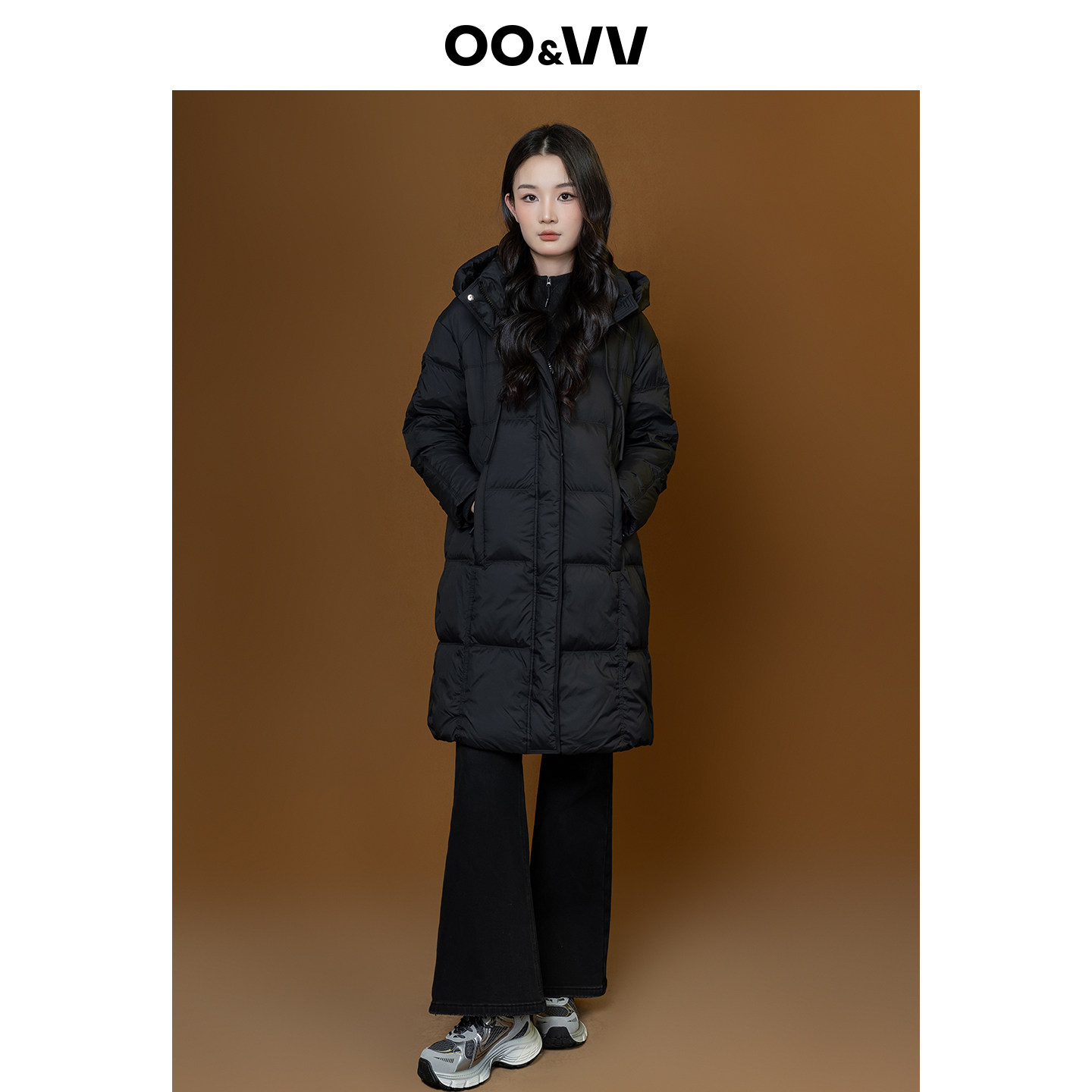 oo&vv黑色连帽加厚长款过膝面包羽绒服女2025冬韩版百搭保暖外套