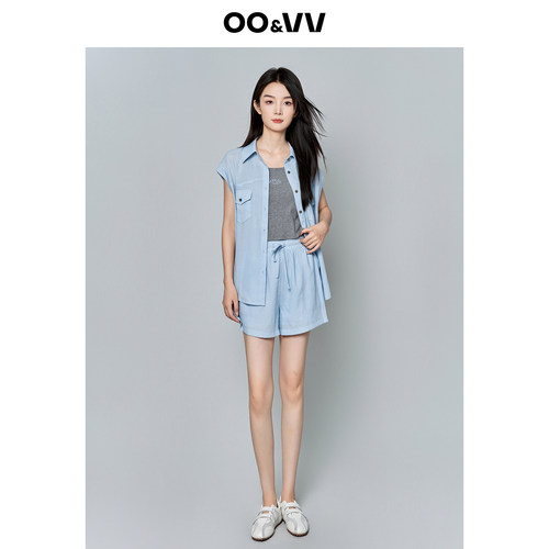 oo&vv休闲风无袖衬衫+舒适背心+短裤女2026夏时尚通勤收腰三件套