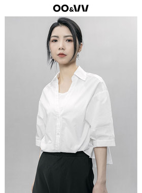 oo&vv白色纯棉5分袖衬衫女2025夏季新款深V排扣OL风日常简约上衣
