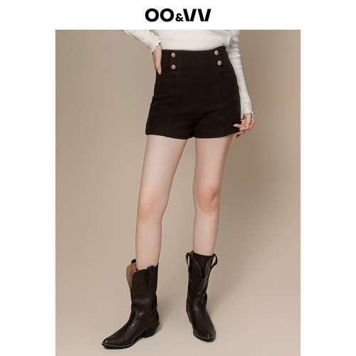 oo&vv黑色高腰毛呢短裤女2025秋冬新款小个子a字外穿打底靴裤修身