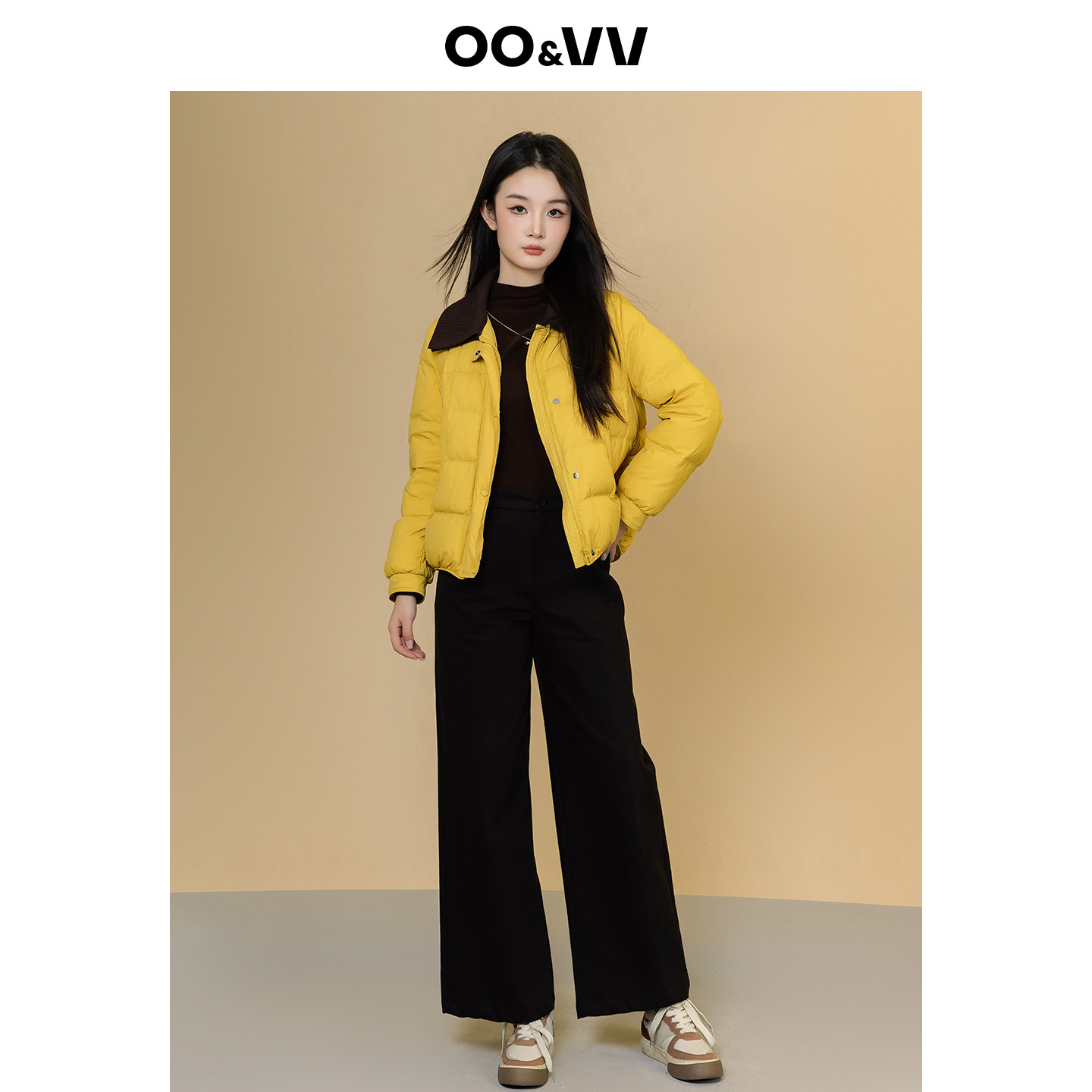 oo&vv小香风方形短款轻薄羽绒服女25冬撞色拼接翻领黄色保暖外套