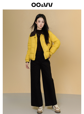 oo&vv小香风方形短款轻薄羽绒服女25冬撞色拼接翻领黄色保暖外套