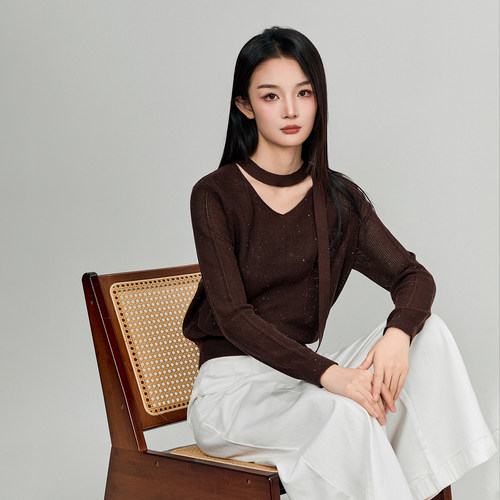 oo&vv设计感飘带V领针织衫女2026秋微透宽松显瘦防晒罩衫羊毛上衣