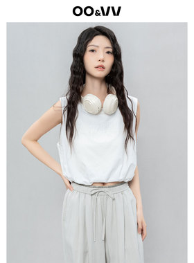 oo&vv灰色字母印花无袖T恤女2025夏新款宽松显瘦百搭背心上衣薄款