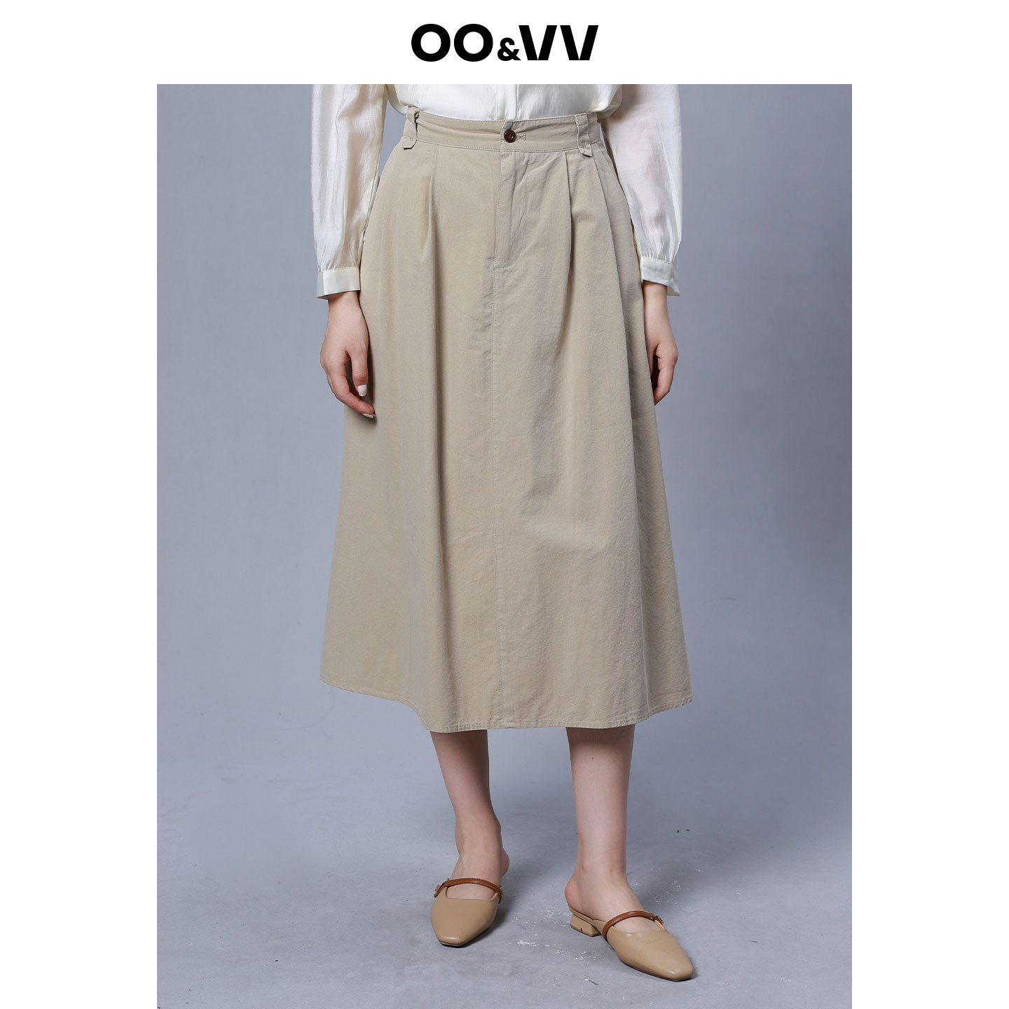 oo&vv莱赛尔时尚简约百搭显瘦高腰A字半身裙女褶皱中长款裙25秋