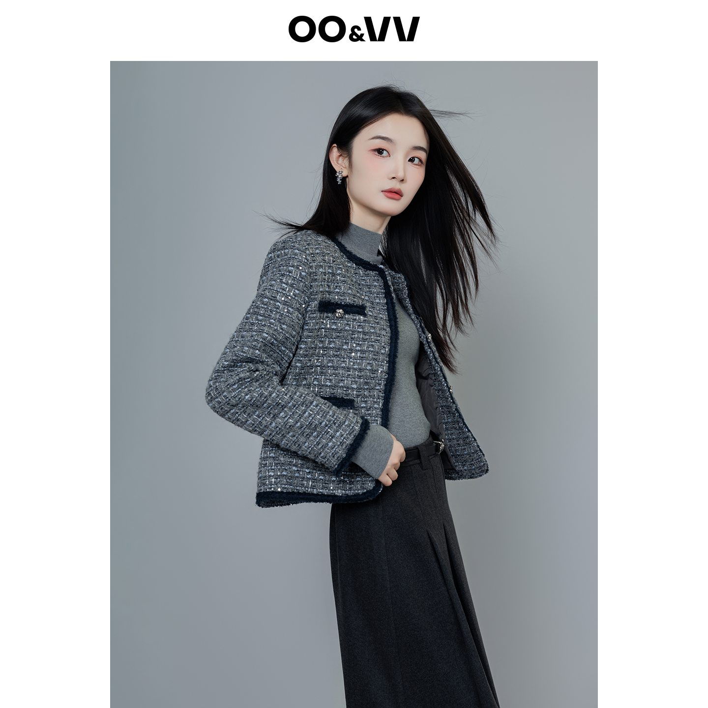 oo&vv气质优雅小香风粗花呢女2025秋冬新款拼接短外套长袖上衣