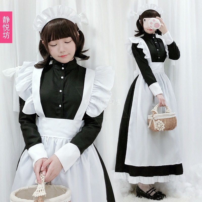 黑白色女仆装二次元女装大佬lolita长款角色扮演女佣装咖啡厅制服