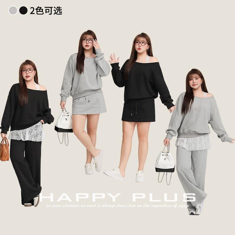 辣妹休闲慵懒斜肩设计感宽松长袖卫衣润其9111大码休闲卫衣套装